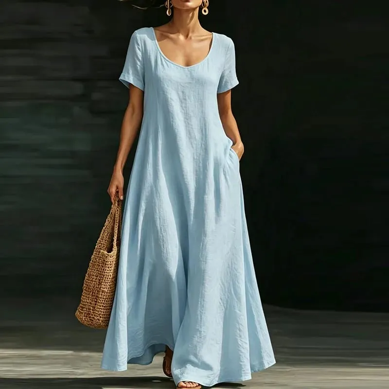 Summer Casual Pocket Maxi Dresses For Women Elegant Short Sleeve Loose Beach Holiday Dress Women Party Long Dress Boho
