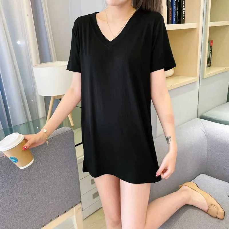 Loose Modal Short Sleeve V-Neck Midi Dress Thin Home Clothes Sleepwear Women's Base Skirt Comfortable plus Size Casual Style