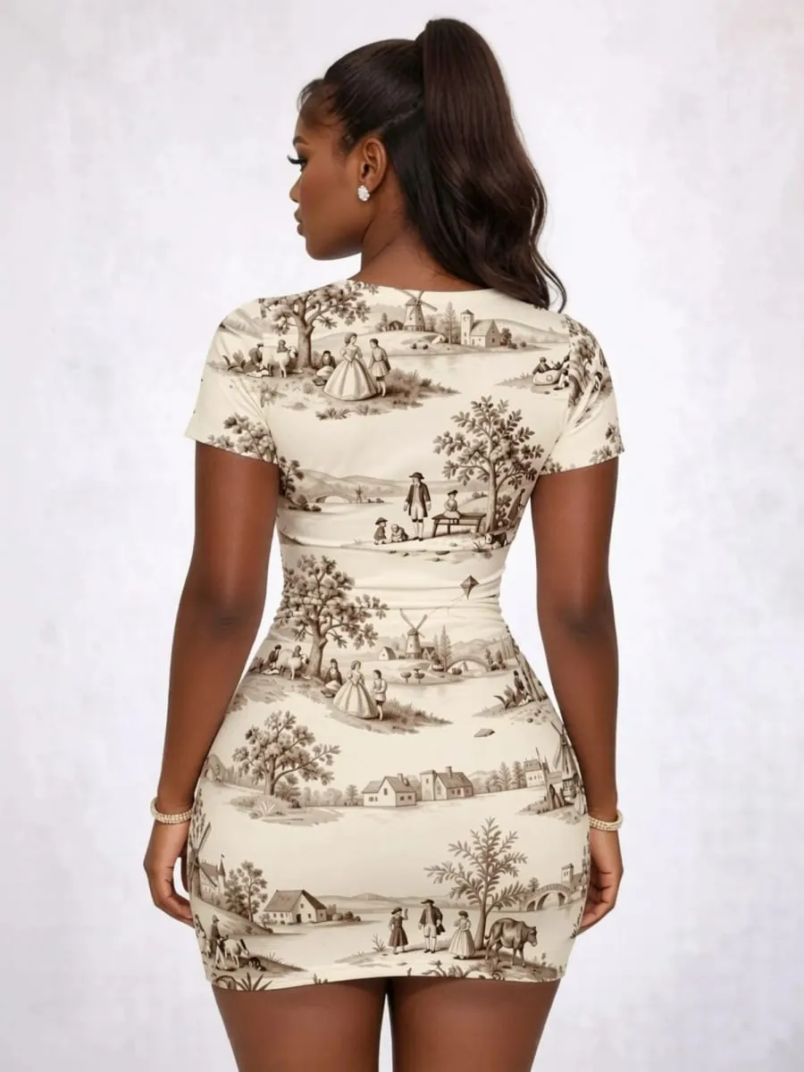 Womens Short Sleeve Bodycon Mini Dress Slim Fit Crew Neck Floral Print Casual Summer Party Fashion Lightweight Vacation Sundress