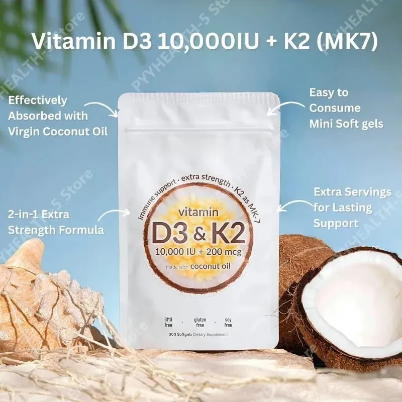 Vitamin D3 K2 Softgels D3 10000 IU + K2 MK-7 200 Mcg Softgels with Coconut Oil 2-in-1 Vitamin D & K Daily Supplement 180 Count