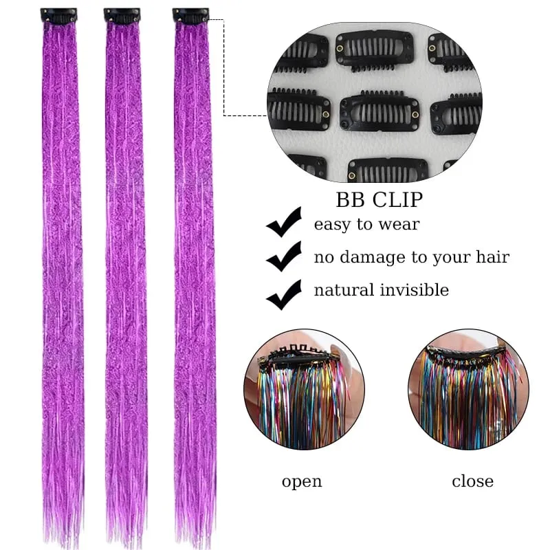 2PCS Synthetic Hair Tinsel Clip in Extensions Colored Sparkle Hair Tinsel Kit with BB Clip for Kids Girls Christmas Party Use