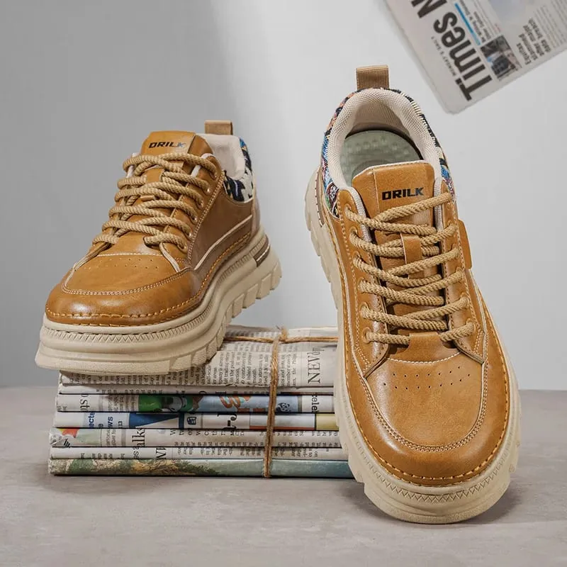 Men Spring Summer Casual Shoes Thick Sole Platform Sneakers Smooth Texture Woven Collar Lace Up Comfortable Footwear