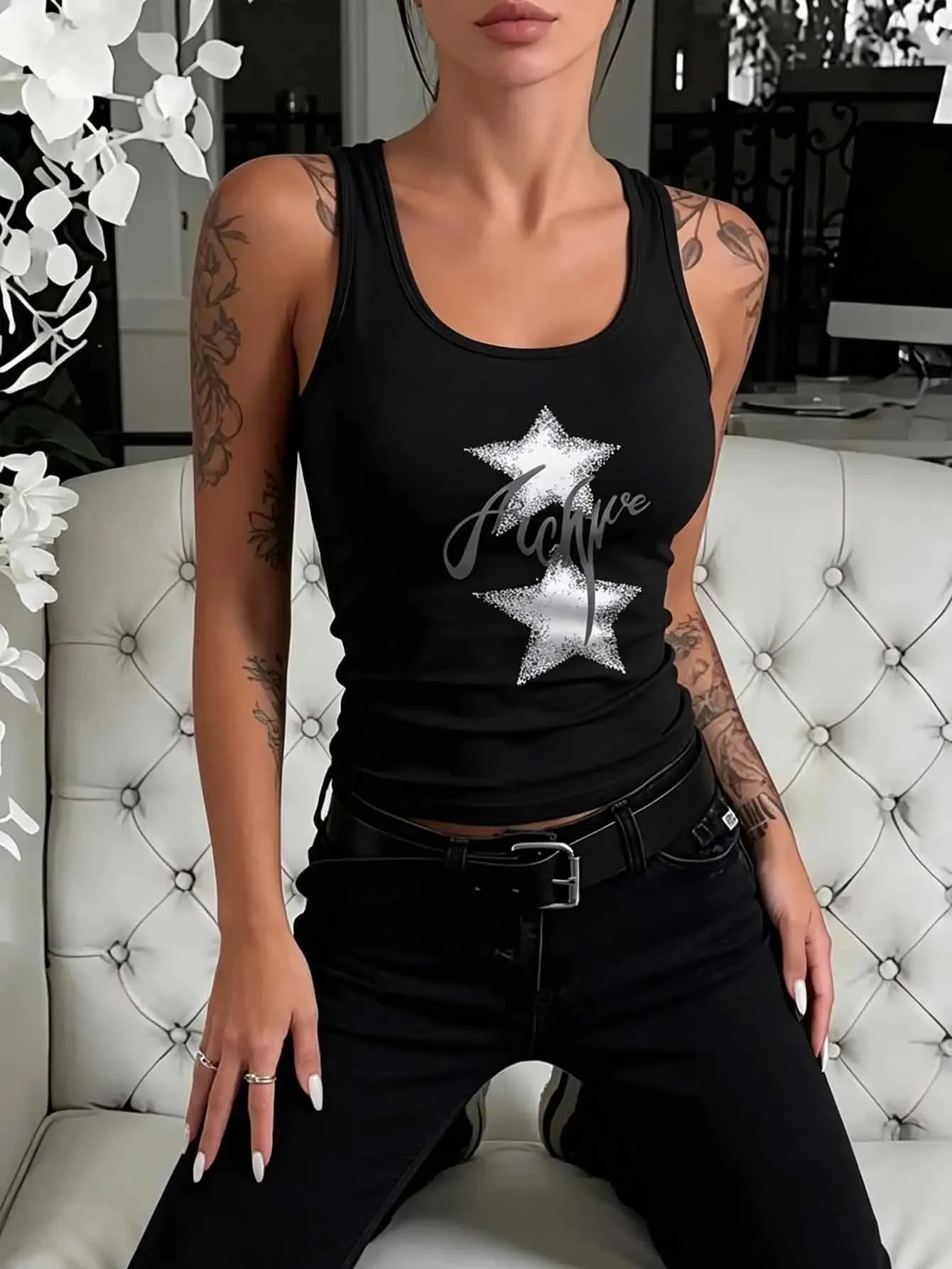 Women's Summer Casual Star and Floral Letter Graphic Tank Top | Y2K Fitted Streetwear Fitness Apparel
