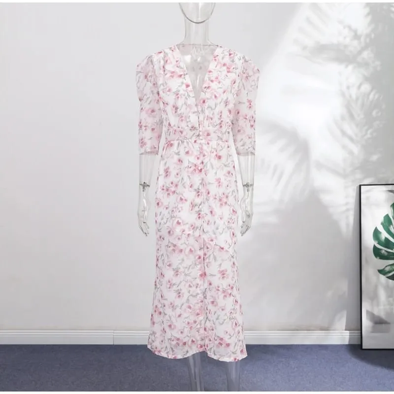 Lace Spliced Satin Midi Dress Waist Cinched Peplum V-Neck Puff Sleeve 2026 Summer Elegant Women Gown Causal Fashion Lady Vestido