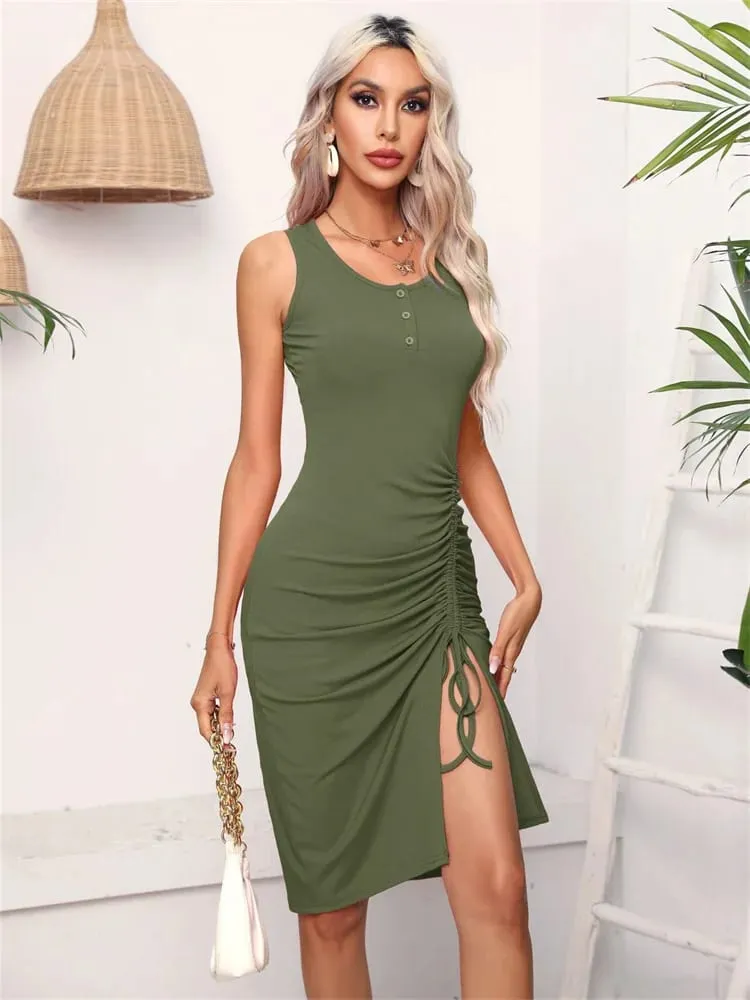 Women Spring Summer Style Dress Lady Casual High Elastic Sleeveless Solid Color Split Sheath Dress DF5011