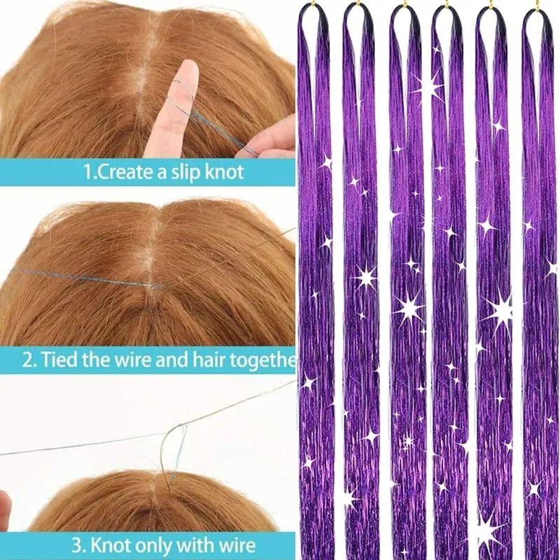 6Pcs 24inch Purple Tinsel Hair Kit Glitter Hair Extension Shiny Colored Hair Tinsel for Women Christmas Party Use Sparkling Hair