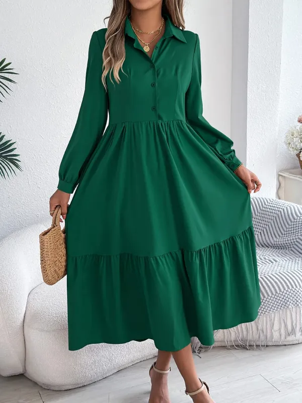 Women Fall Elegance Lapel Collar Button Front Shirt Dress Ruffle Trim Solid Midi Long Sleeve Wedding Dresses