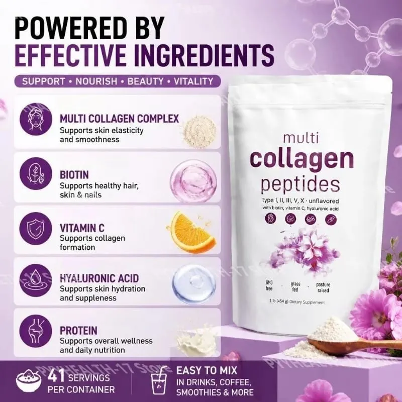 Multi Collagen Peptides Powder Types I II III V with Biotin Vitamin C & Hyaluronic Acid Supports Skin Hair Nails for Men Women