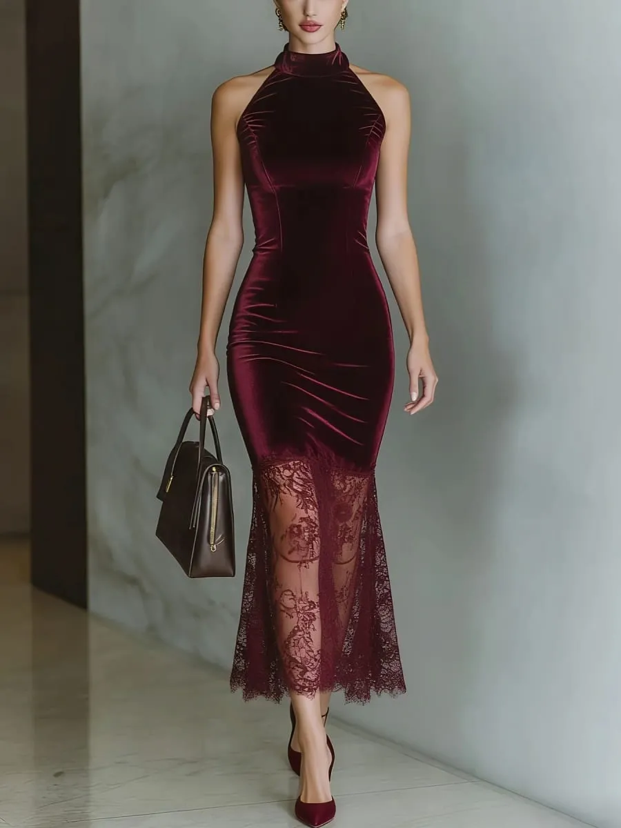 Women High Halter Neck Velvet Midi Dress Sleeveless Bodycon Mermaid Lace Hem Evening Party Formal Dress