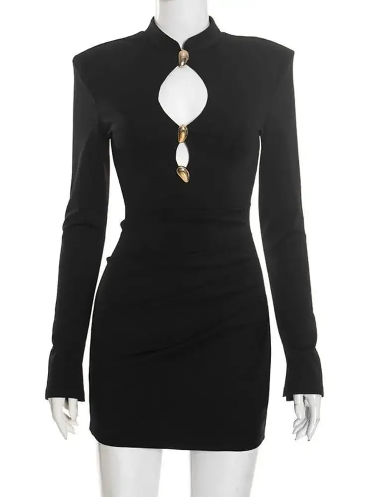 Mozision Hollow Out Long Sleeve Sexy Mini Dress Women Gown Elegant Winter New Half High Collar Metal Buckle Club Party Dresses