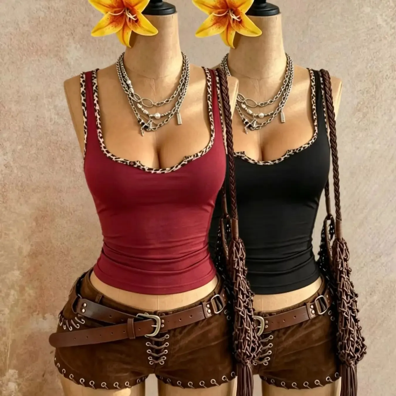 2 Pcs Women Leopard Print Trim U Neck Sleeveless Tank Top Solid Slim Fit Western Y2K Cami Vest Multi-color Wine Red Black