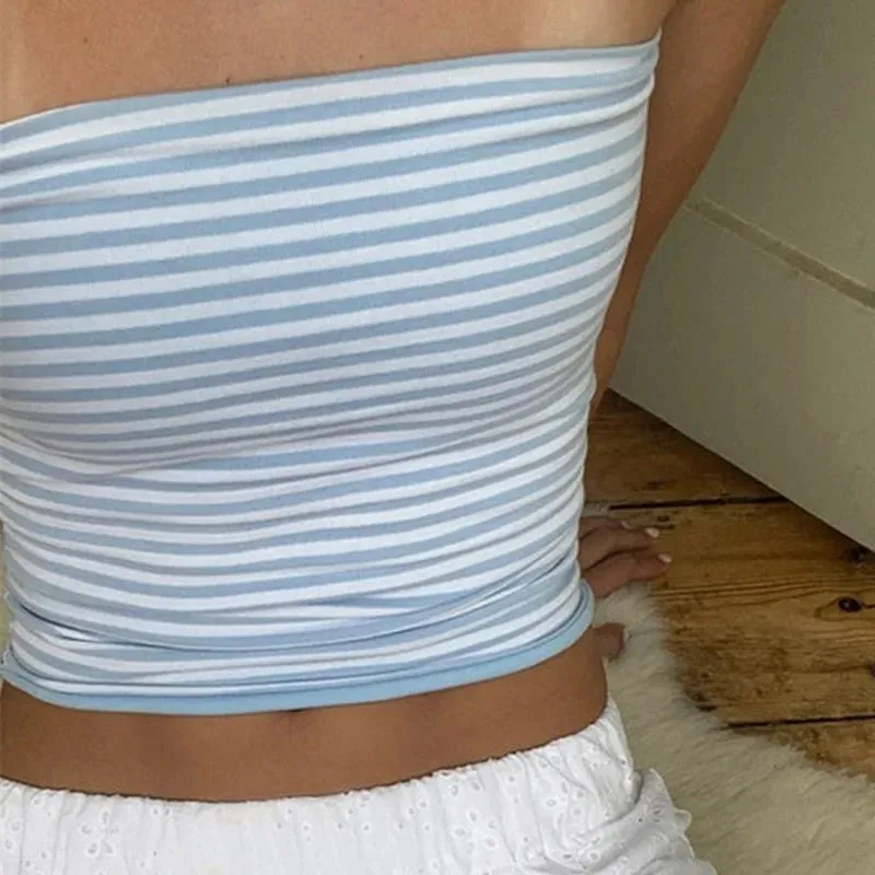 Women Cropped Tube Tops Strapless Off Shoulder Backless Short Tank Summer Party Club Striped/Solid Mini Vest 2025 New