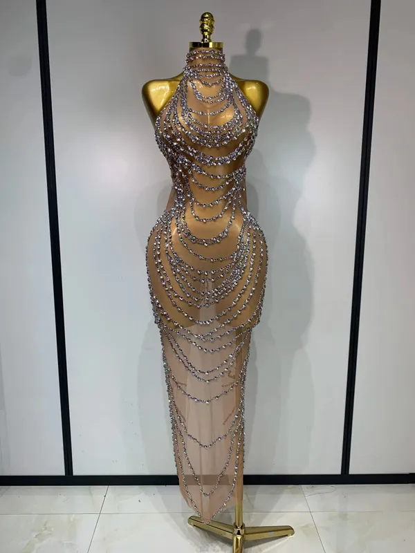 Sparkly Strass Sexy Transparent Mesh Lange Kleid 2025 Frauen Luxus Geburtstag Club Party Kleid Bühne Sängerin Leistung Kostüm