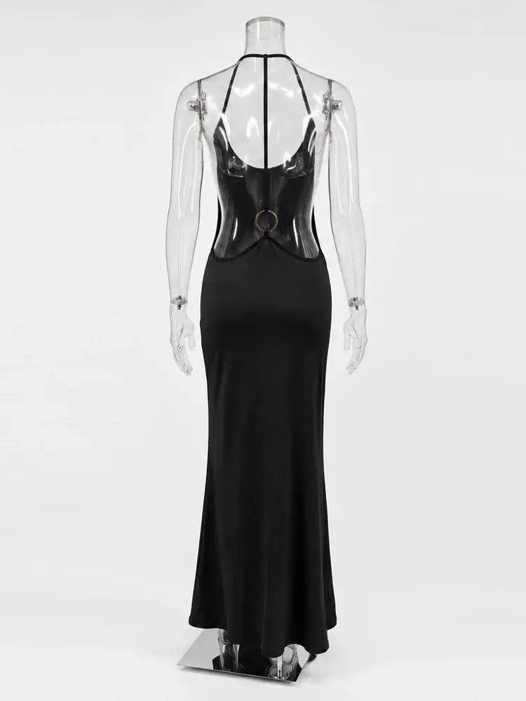 Tossy feminino halter sem costas bodycon maxi vestido aberto volta cinta de espaguete anel de ouro vestido de festa à noite verão praia vestido longo