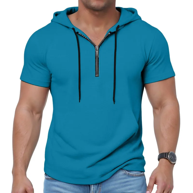 Hoodies casuais de manga curta masculina moda esportes metade zip cordão moletom mostrar mais forte solto respirável fitness hoodies — image 13