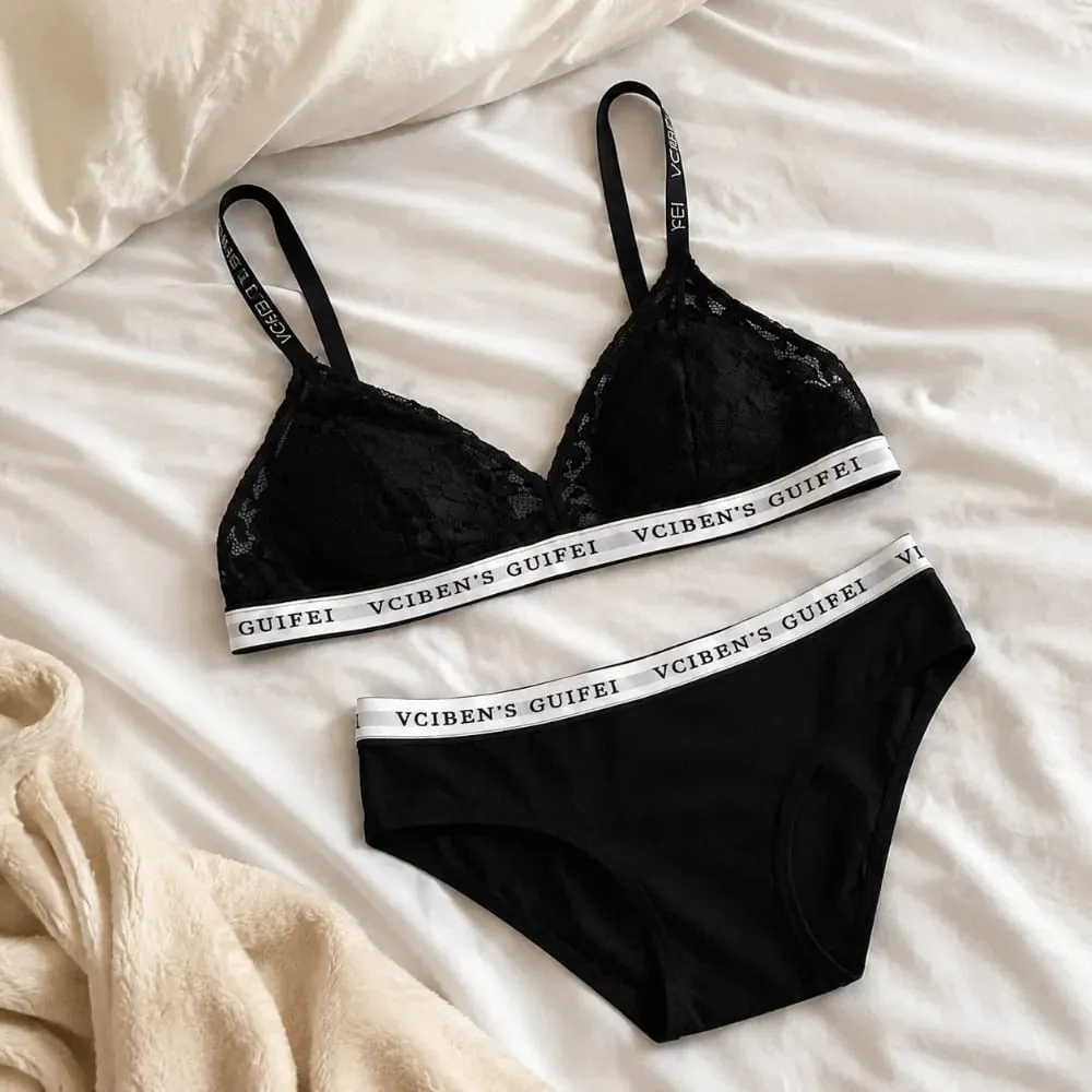 Bra Suit Letter Design Lingerie Set Deep V Wireless Women Underwear Suit Lace Color Blocking Bra Panties Set Daily