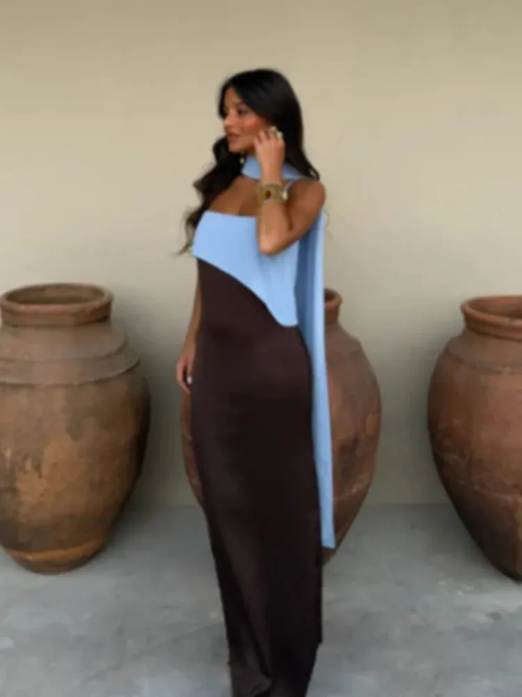 Fashion Contrasting Sling Dress Women Square Neck Sleeveless High Waist Slim Maxi Dress With Scarf 2026 Summer Lady Party Robe