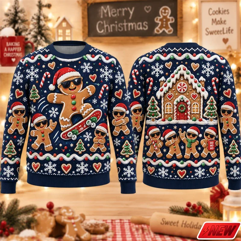 Christmas Ugly Sweater Men Holiday Gift Trendy 3D Print Funny Skateboarding Gingerbread Man House Pattern Pullover Unisex Hoodie