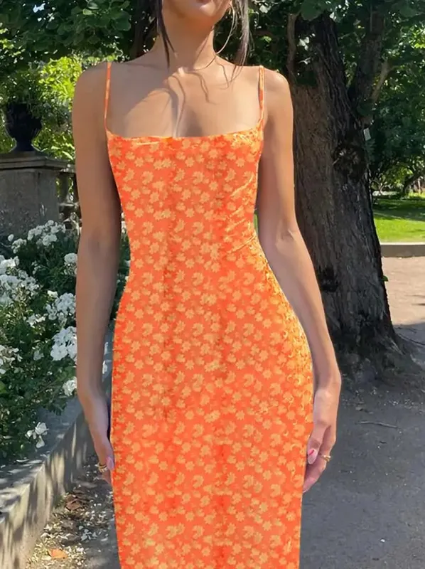 Y2K 꽃 프린트 스파게티 스트랩 Bodycon Sundress 딥 브이 넥 롱 드레스 섹시한 백리스 여름 드레스 streetwear