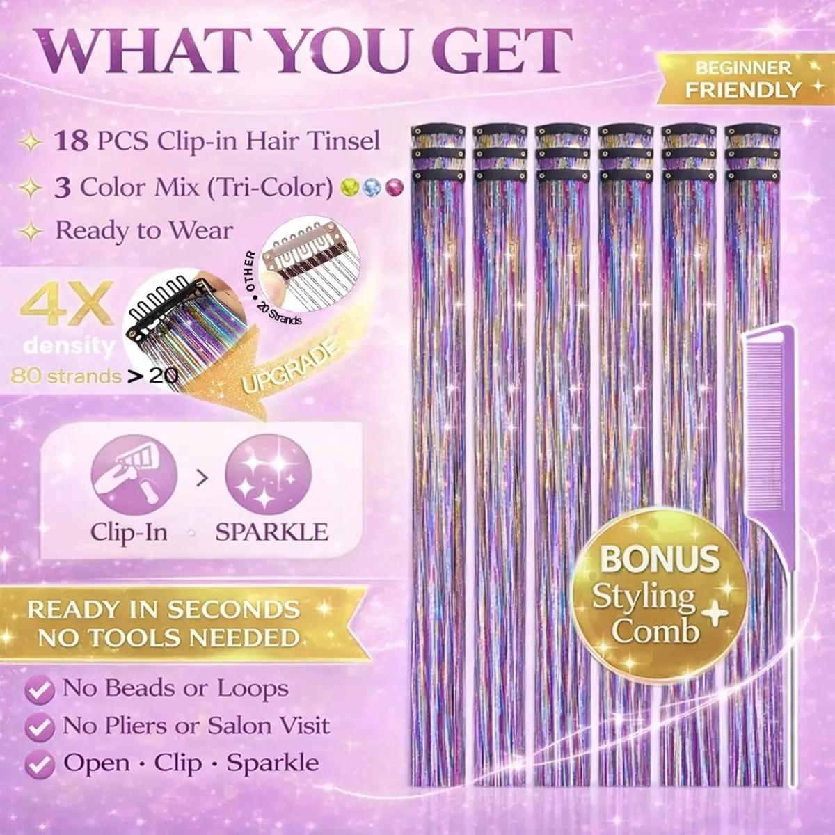 Balení 18 ks Nápadné doplňky do vlasů Rainbow Hair Tinsel Clip in Balíček 22palcových třpytivých pohádkových vlasů pro ženy, dívky