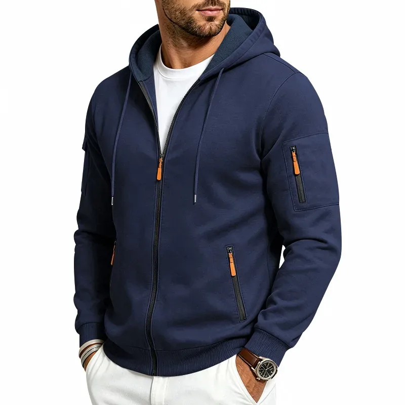Men's Heavyweight Full Zip Hoodie Autumn Winter Casual Outdoor Hooded Sweatshirt Multi‑Pocket Drawstring Loose Fit Sports Jacket