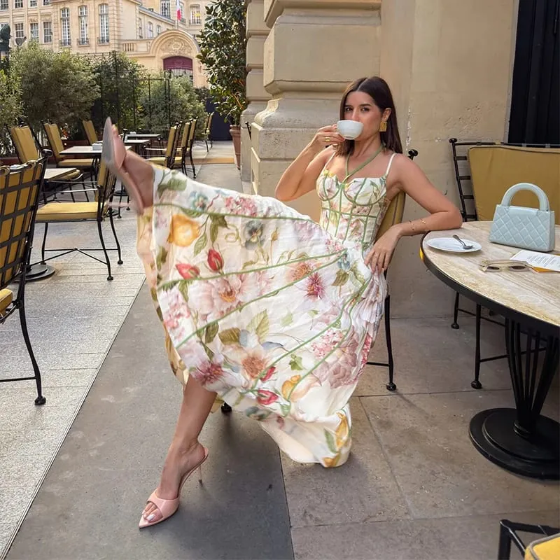 Elegant Printed Women's Dress Sleeveless Halter Waist-Closed A-Line Lady Dresses 2026 Spring Summer Fashion Female Vacation Robe