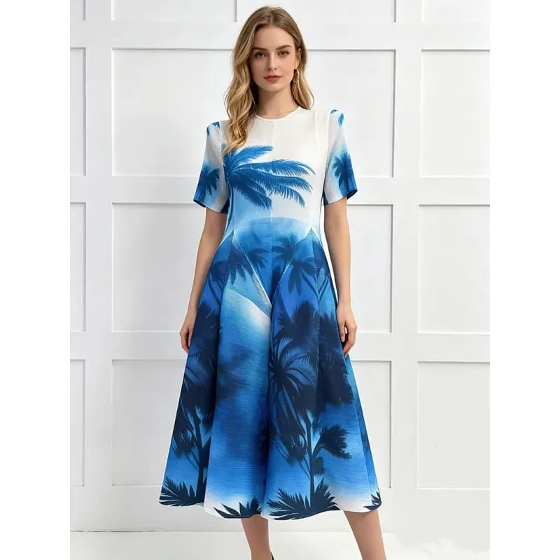 Miyake Pleated Geometric Print A-Line Dresses European New Short Sleeve Simple Elegant Commuter Plus Size Stretch Women's Dress