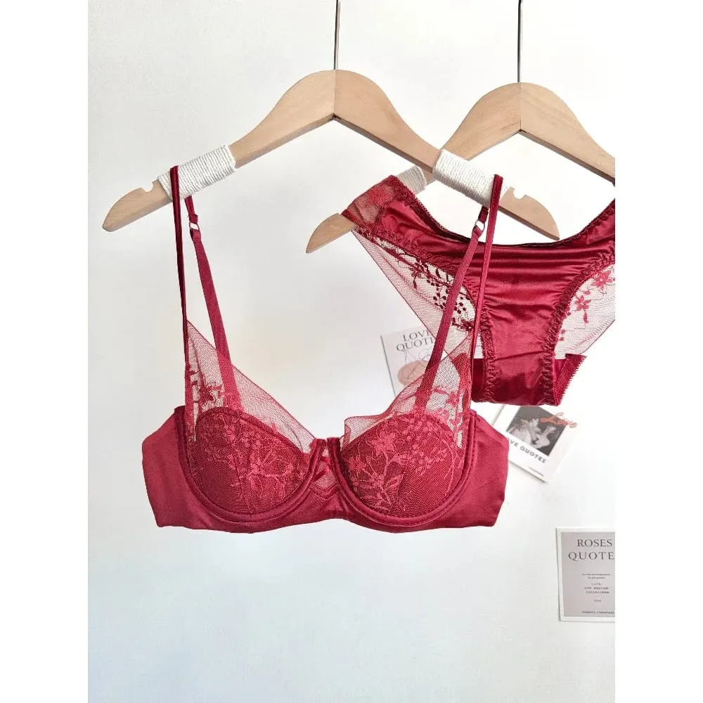 Women Lace Bra Panty Set Soft Underwire Thin Cup Push‑Up Support Intimates Lingerie Suit For Small Bust 32‑38 Fashion Underwear