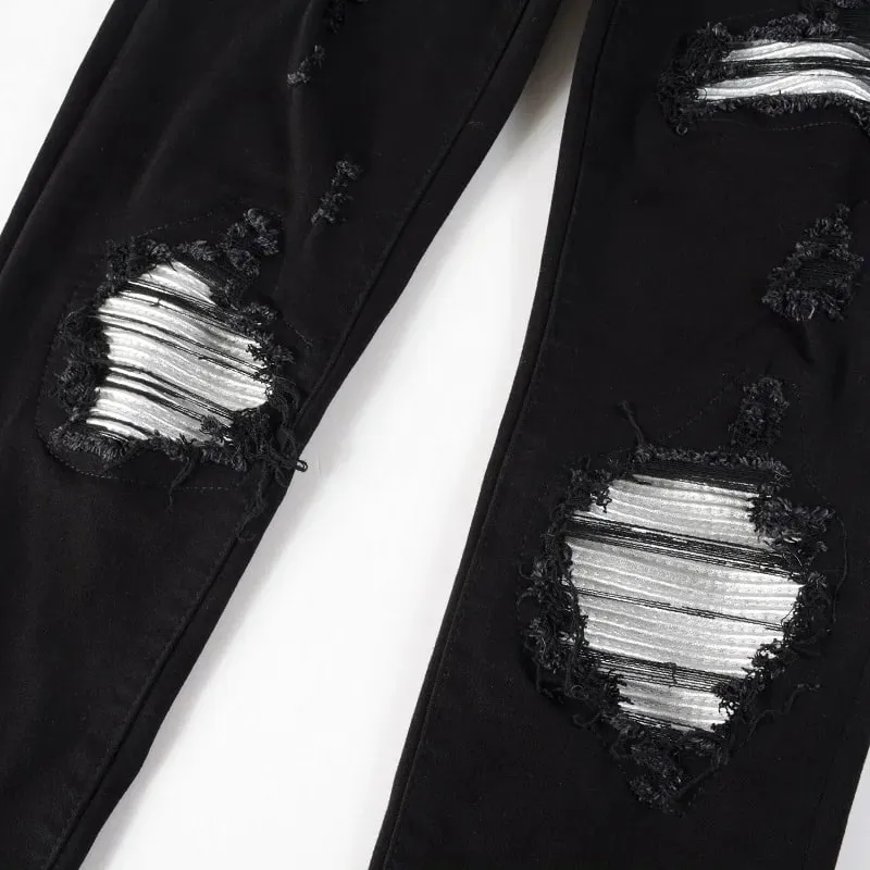 ผู้ชาย Cracked Silver หนัง Patch Biker กางเกงยีนส์ Streetwear Skinny Tapered ยืดกางเกงยีนส์กางเกง Ripped Patchwork กางเกงสีดำ