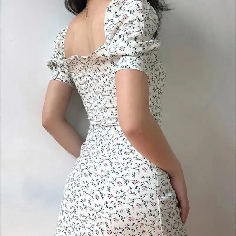 Women Summer Floral Puff Sleeve Dress Girls School Tie-Waist Slimming Short Dress Woman Casual Dress Teen Ladies Beach Vacation