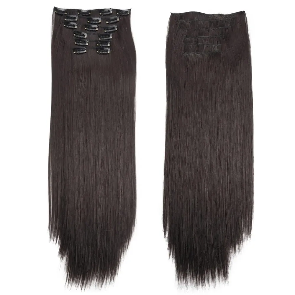 6PC Long Clip in Hair Extensions Brown Synthetic Straight Clip-in Hairpieces 24 inch Straight Hair Piece Extensions for Women
