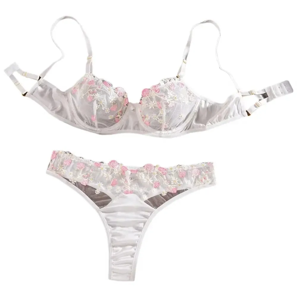 See Through Ultra Thin Transparent Mesh Bra Tongs Sets Underwear Flora Embroidery Underwire Sexy Lingerie Women Brassiere White
