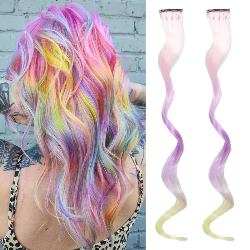 2pcs 16 Inch Colorful Hair Extensions Synthetic Ombre Wavy Clip in Hair Extensions Lightweight Hairpieces for Women Party Wear