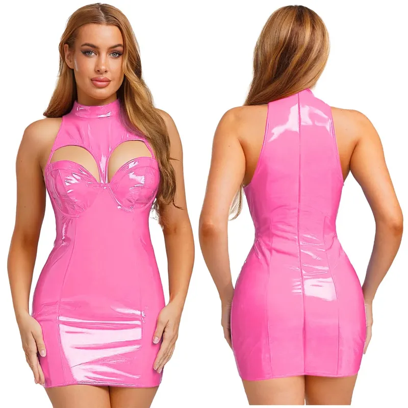 Mini abito in lattice di pelle PU effetto bagnato da donna senza maniche reggiseno push-up scavato abito aderente abito tubolare effetto bagnato Raves Clubwear