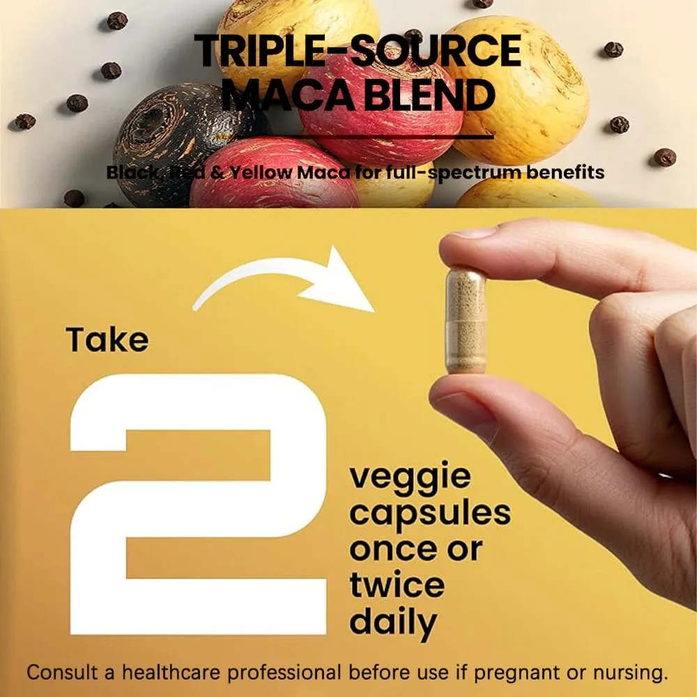 1500mg Organic Maca Root Black Red & Yellow - 60 Capsules - Black Maca Root Capsules for Men Supplement - Non-GMO Gluten-Free
