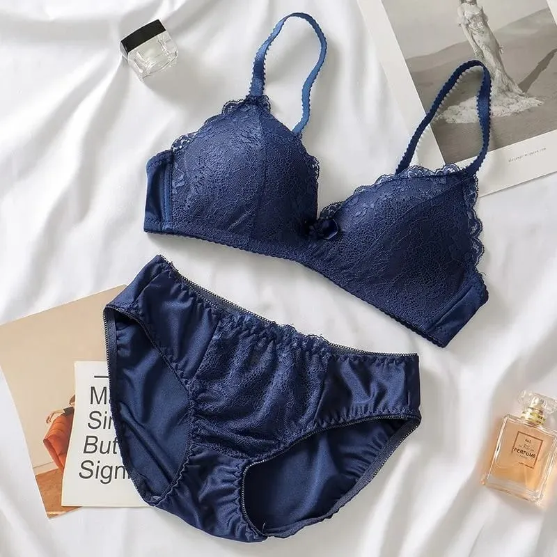 Women Lace Lingerie Set 32‑40ABC Cup Bow Decor Soft Comfort No‑Wire Bra And Briefs Breathable Intimate Underwear Suit