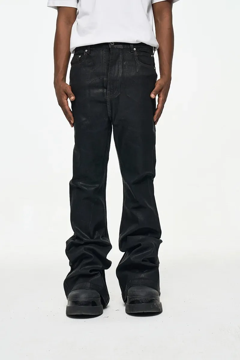 Mens High Street Vinyl Coated Black Jeans Crease Textured Wide Leg Boot Cut Slim Fit Casual Streetwear Pants