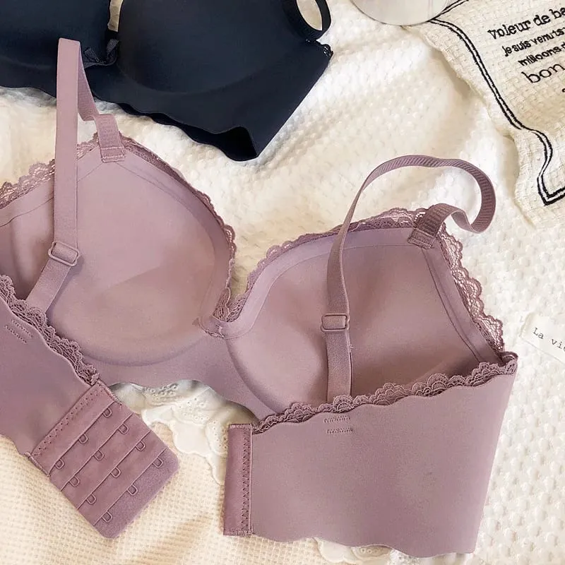 Wire Free Push Up Thicken Underwear For Women Small Chest Gather Seamless Bra And Panty Sets Bow Pure Color Fashion Intimates