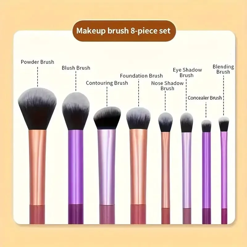 8pcs Pro Easy to Clean Makeup Brush Set - Soft Premium Synthetic Hair Cruelty-Free Foundation Blush Eyeshadow