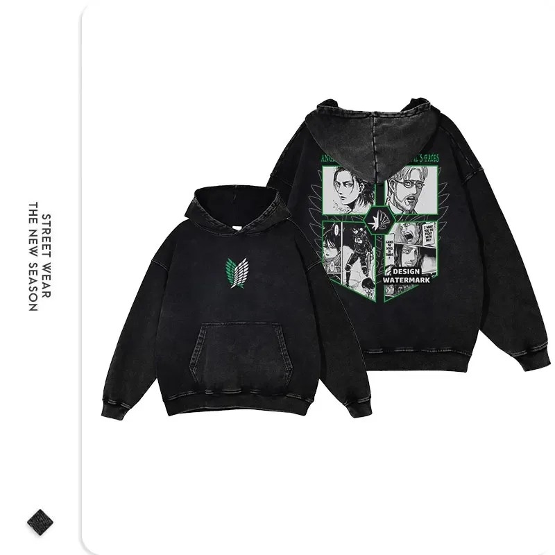 Anime Levi Hoodies Vintage Washed A-Attack on Titan Hoodie Casual Manga Yeager Eren Kapuzenpullover Titan Attack Pullover