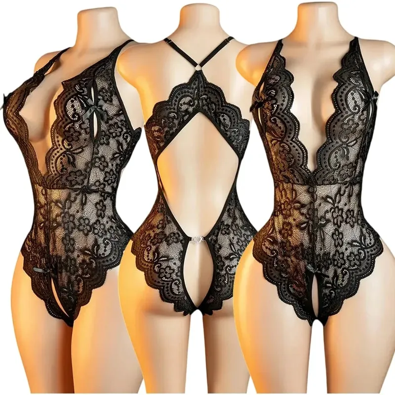 One-piece Crotchless Bodysuits Sexy Lingerie Women Exotic Costumes Sleeveless Deep V Transparent Babydoll backless Bodysuit