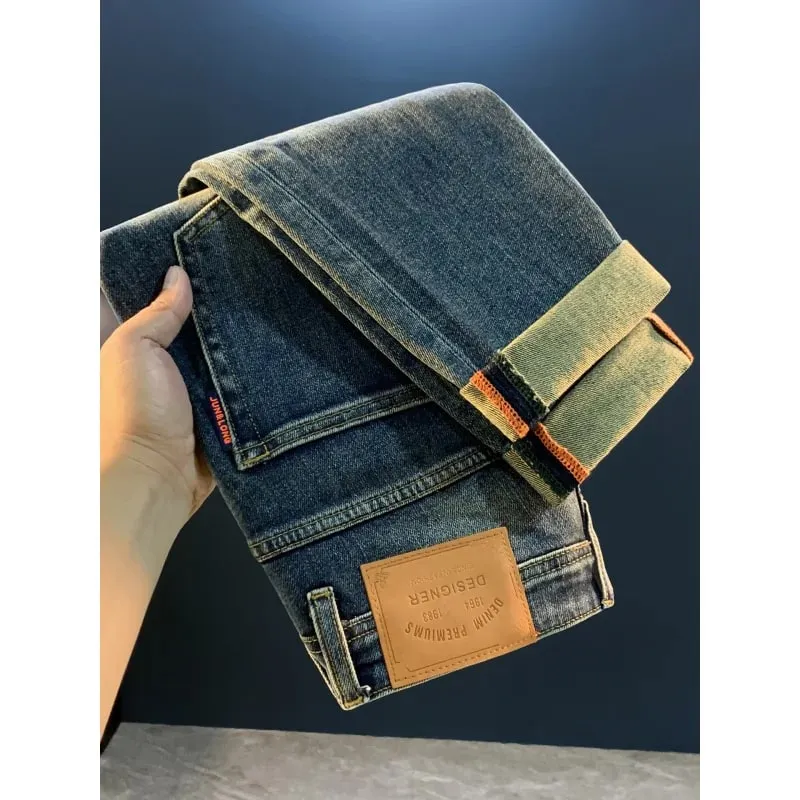 2025 autumn new jeans men's high-end street trend stretch slim fit small feet retro fashion casual pants