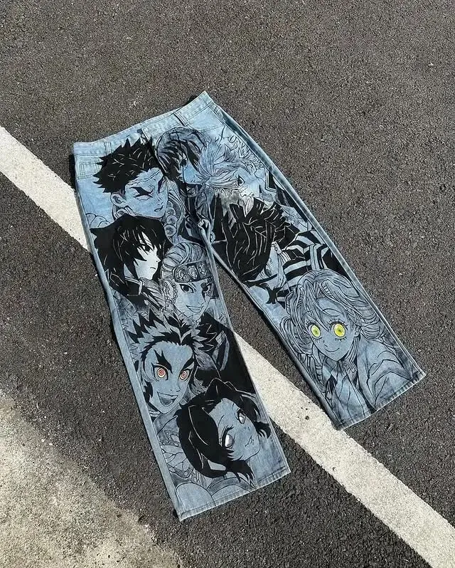 Gotické japonské retro seprané anime džíny Y2K oblečení Pánské anime vzor kreslených postaviček pytlovité džíny se širokými nohavicemi se středním vzrůstem
