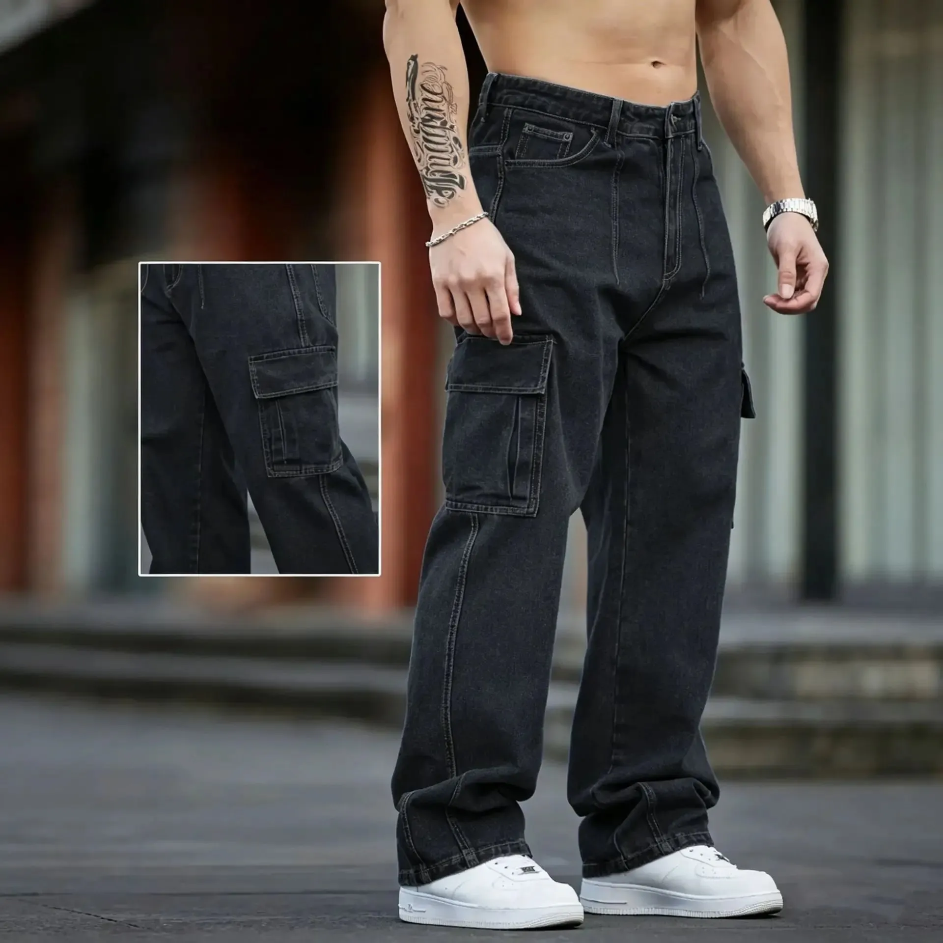 2026 New Arrival Men Cargo Jeans Multi‑Pocket Loose Wide Leg Straight Denim Pants HipHop Street Workwear Trousers