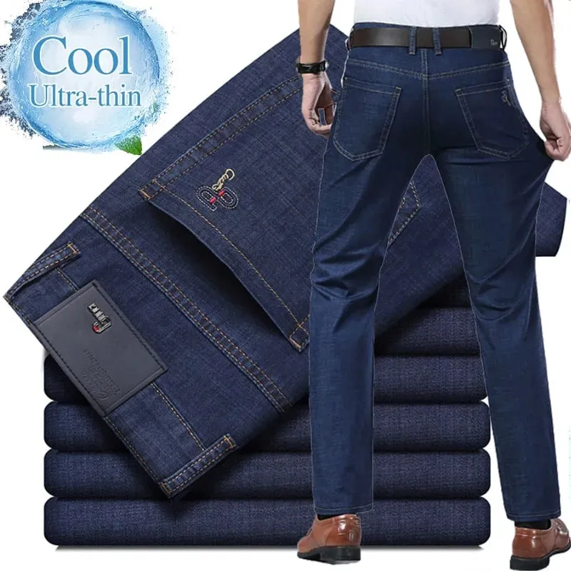 New Men's Summer Ultra-Thin Jeans Fashion Business Comfortable Soft Casual Denim Pants Lightweight Elastic Straight Leg Trousers — image 2