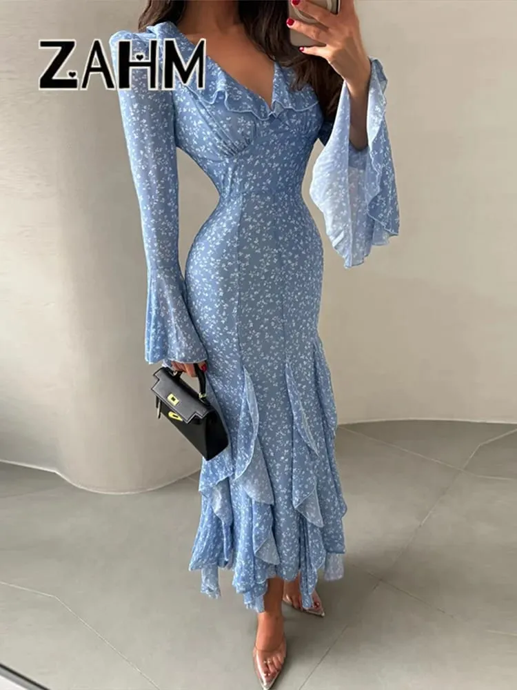 Chic Printed Women's Dress Ruffle Bell-Bottomed Sleeve V-Neck Slim Lady Long Dresses 2026 Spring Summer Female Vacation Robe New
