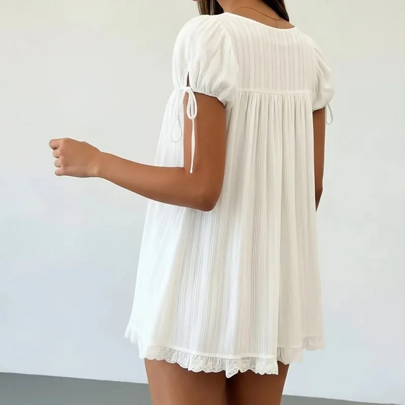 Bohemian Puff Sleeve Maternity Dress Women Square Neck A-line Mini Ruffled Dresses Fairy Vintage Loose Fit Flowy Short Dress — image 3