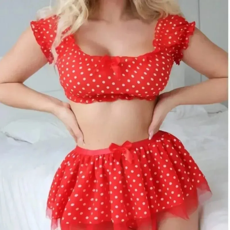 Women's Sexy Polka Dot 2 Piece Lingerie Set Off Shoulder Mesh Tulle Skirt with Garter Straps for Nightwear
