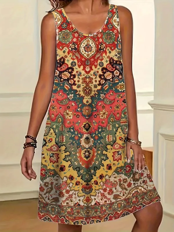 2026 Summer Women's Sleeveless Dresses Knee-Length Round-Neck Dresses Beach and Vacation Casual Dresses Printed Women's Dresses