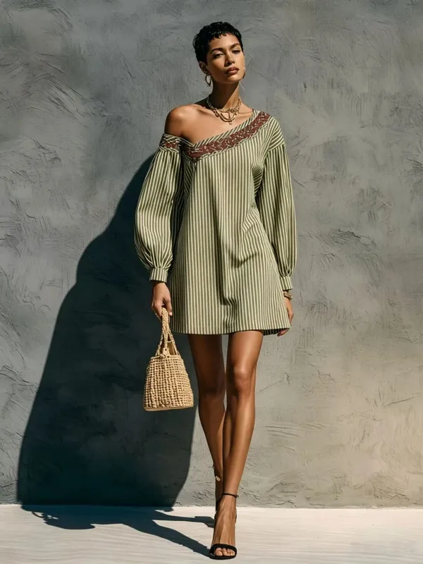Loose Simple Dress With Stripes Fashionable Autumn Winter Street Style Long Sleeved Embroidered Shoulder Length Short Dresses